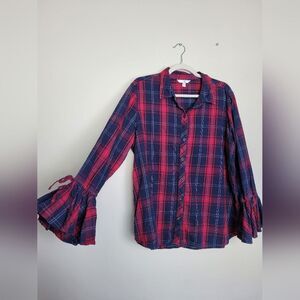 Dark Plaid Blouse Ruffled Flare Sleeve Women's XL Cabin Lumberjack Outdoor